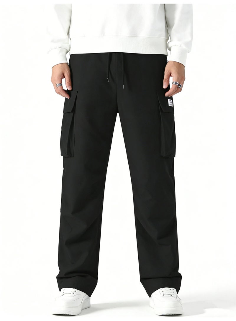 Men's Black Wide Leg Cargo Pants Multi Pocket Loose Fit Drawstring Casual Trousers - Image 2